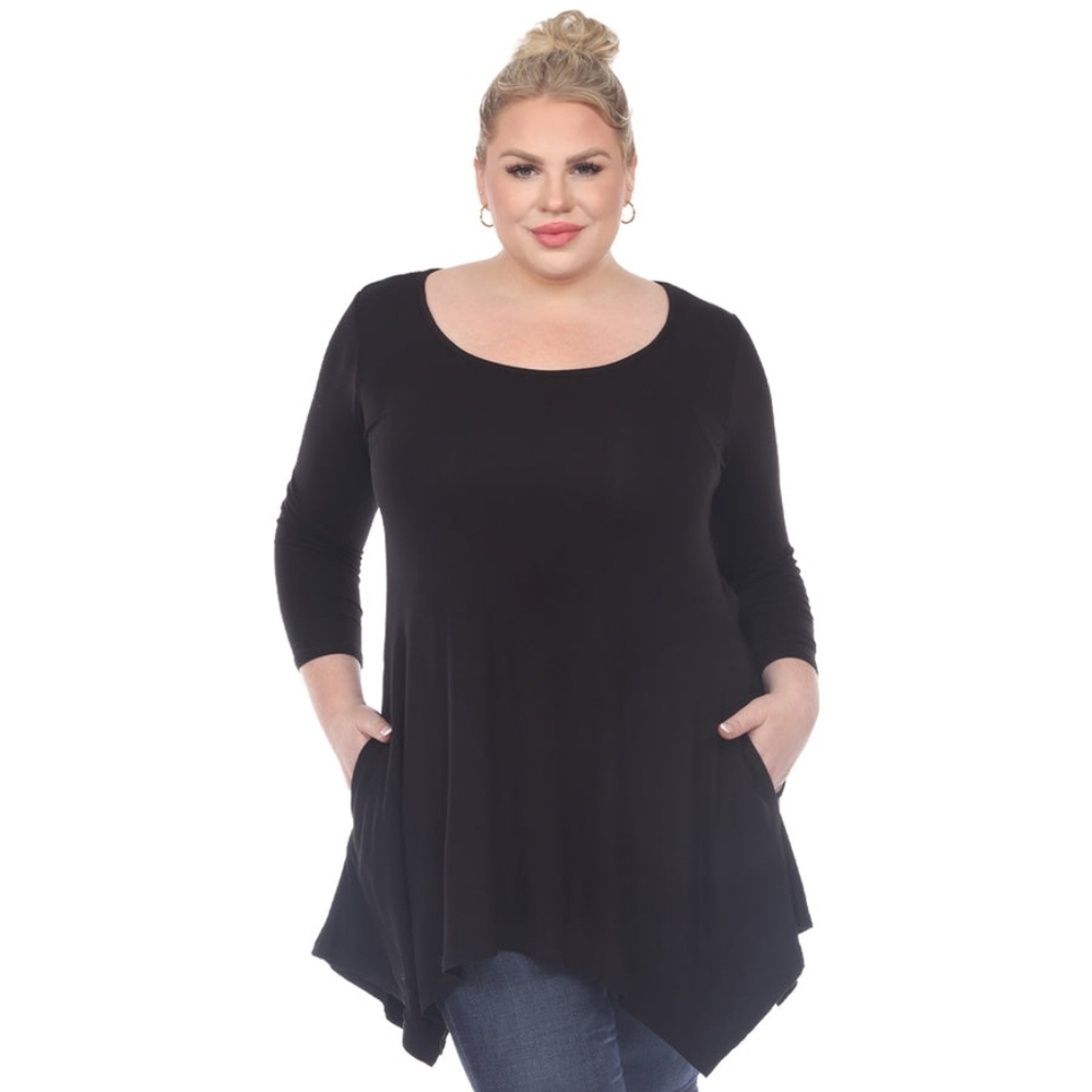 White Mark Womens Plus Size 1XL 3/4 Sleeve Solid Sharkbite Tunic Top Scoop Neck.